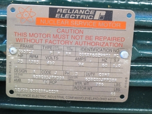 MOTOR, ELECTRIC TYPE, 75 HORSEPOWER, 460VAC 3 PHASE 60HZ ELEC RATING, 1775 RPM, 365T FRAME, 88 AMPS, TEAO ENCLOSURE, 1.0 SERVICE FACTOR. RELIANCE MOTOR INSULATION CLASS "RH" 0.5KW, 480V SPACE HEATER. PREVIOUS SERIAL # 2YF277433A1-TB . 01KXY60299T1, PART # 00600288-00223R (W-44) LOADING & HANDLING FEE $15-